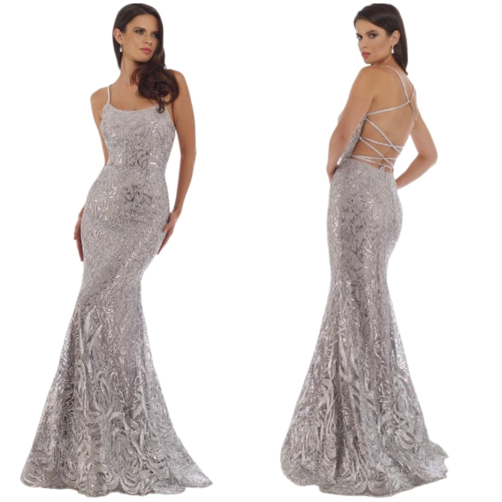 Camile Lavie Silver Sequin Lace Mermaid Halter Front Lace Up Low Back Prom Gown